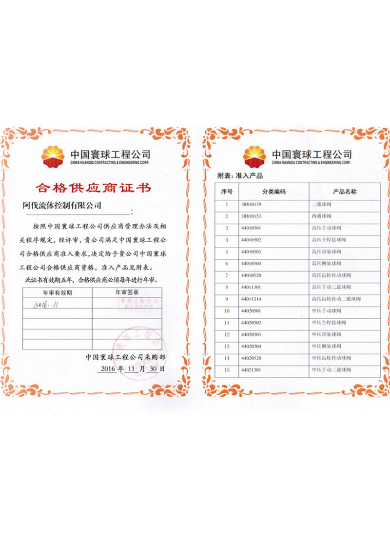 China Huanqiu Qualified Supplier Certificate